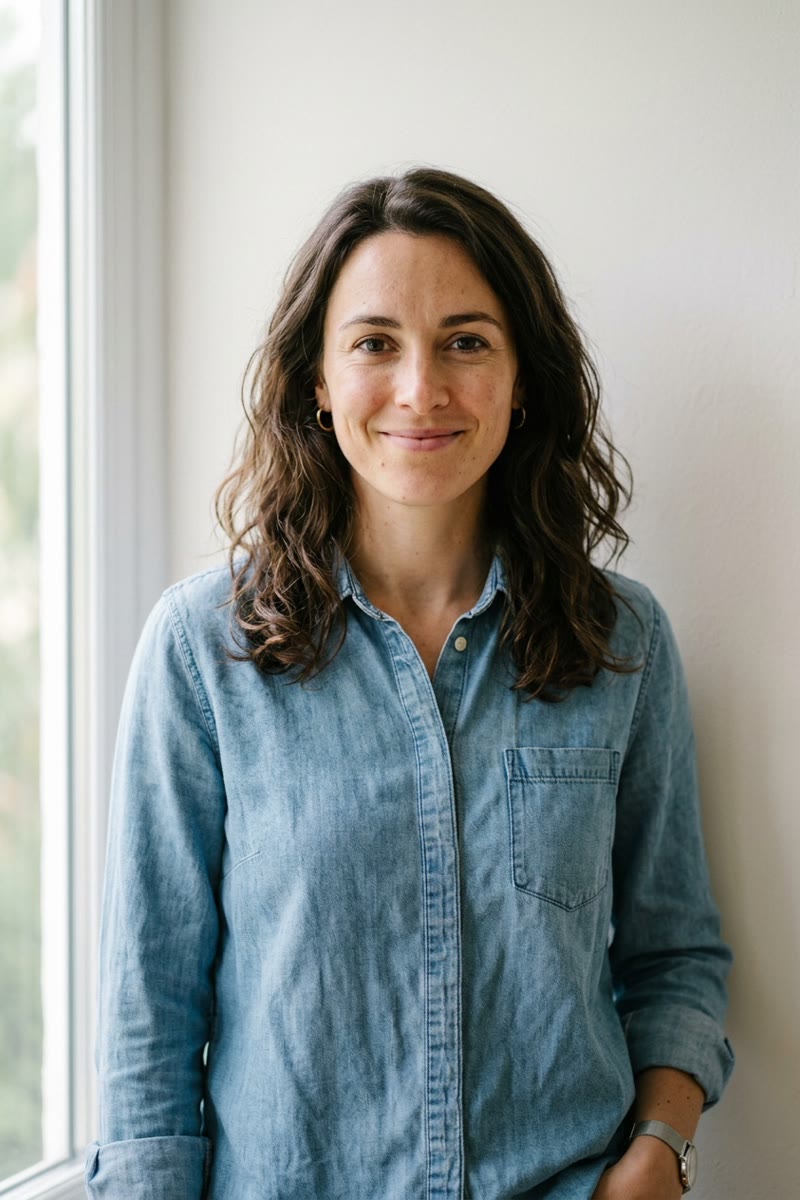 Input photo 1: fictional woman with dark wavy hair wearing a light blue denim shirt